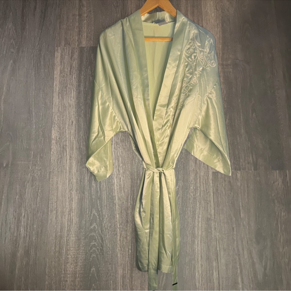 Alexandra Nicole Sage Green Satin Embroidered Robe | XL